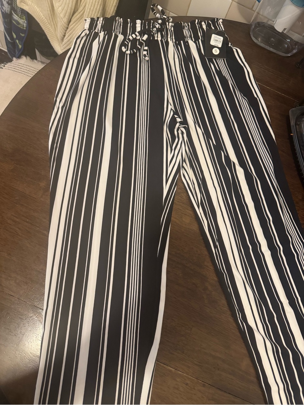 Macy's Black and White Vertical Stripe Drawstring Joggers